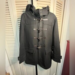 Coach Black Wool Duffle Toggle Coat with Leather Trim & Hood